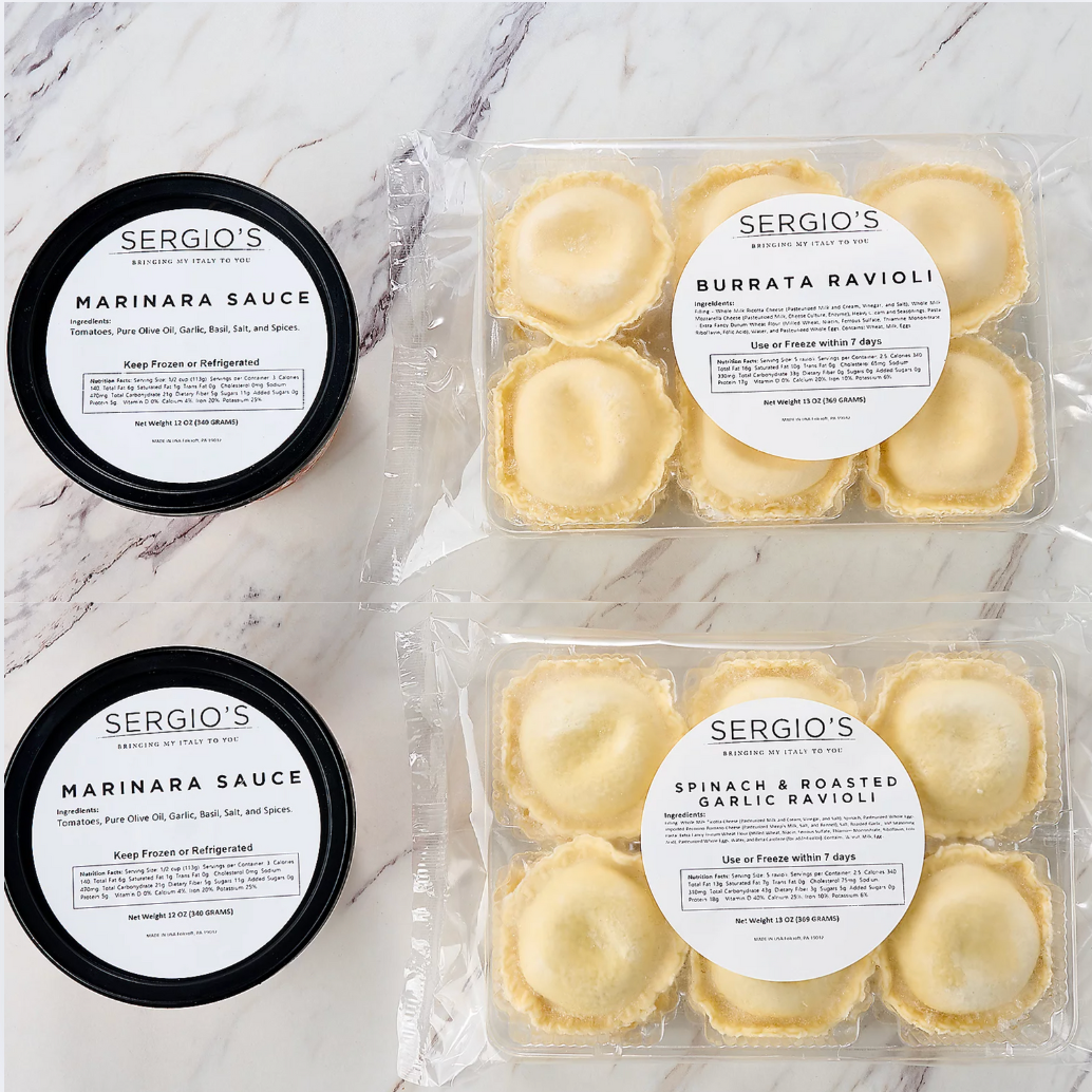 Sergio’s 24ct Spinach & Garlic & Burrata Ravioli with (2) 12oz Marinara Sauces