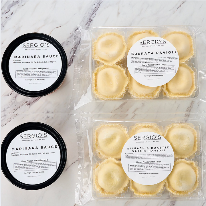 Sergio’s 24ct Spinach & Garlic & Burrata Ravioli with (2) 12oz Marinara Sauces