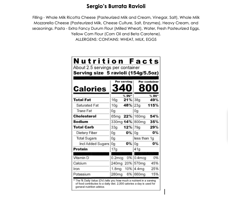 Sergio’s 24ct Spinach & Garlic & Burrata Ravioli with (2) 12oz Marinara Sauces