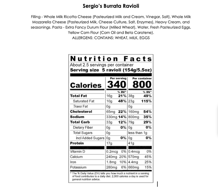 Sergio’s 24ct Spinach & Garlic & Burrata Ravioli with (2) 12oz Marinara Sauces