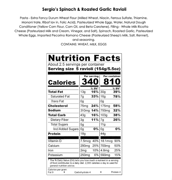 Sergio’s 24ct Spinach & Garlic & Burrata Ravioli with (2) 12oz Marinara Sauces